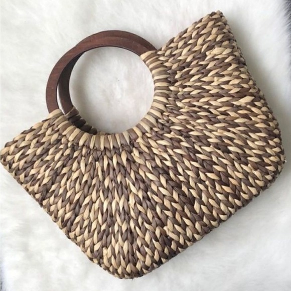 Unbranded Handbags - The Limited Woven Straw Tote Womens Medium Brown Tan Wood Handle Boho